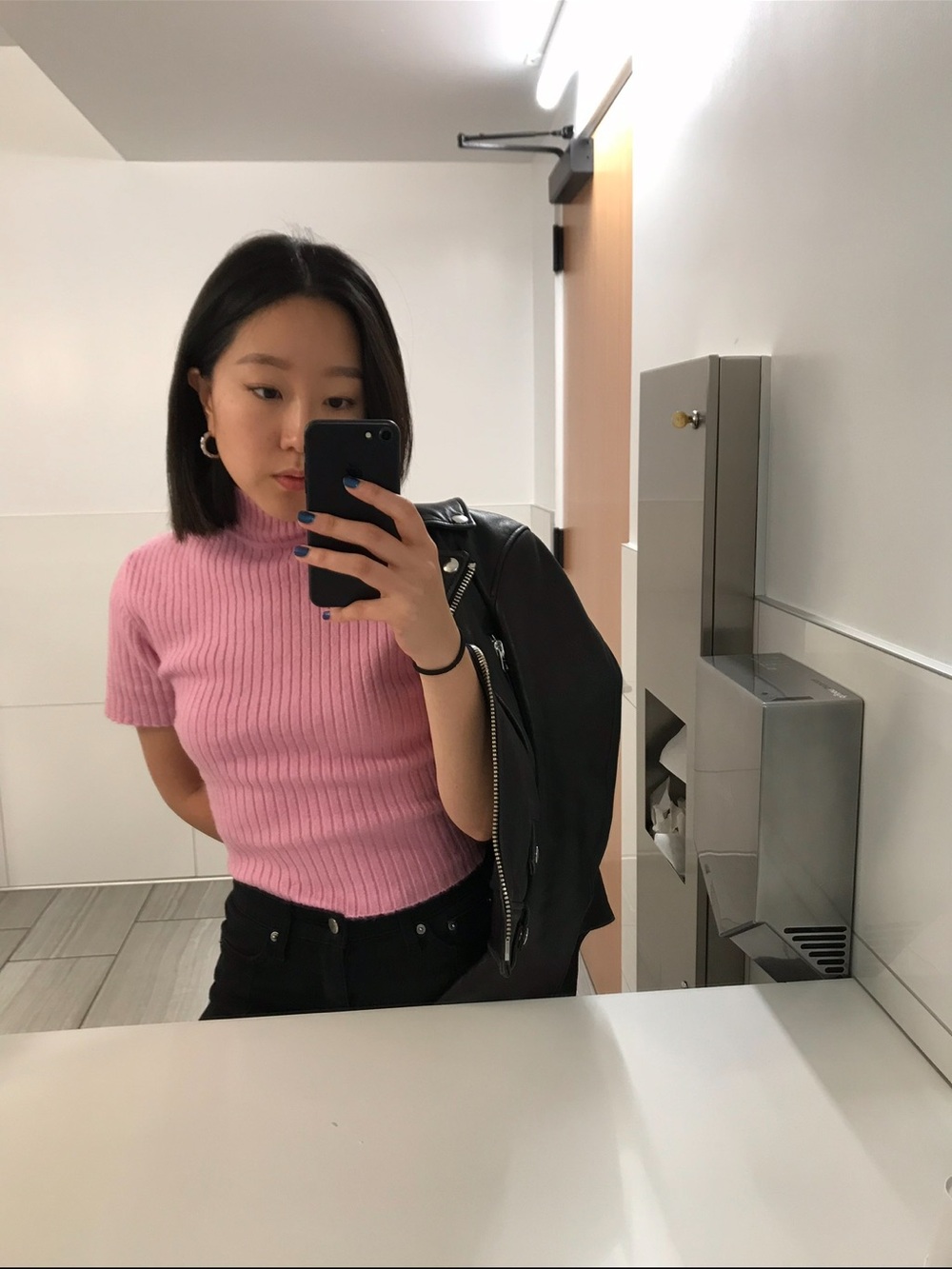 STAUD Ribbed Short-Sleeve Mock Neck Top with Open Back - Pink